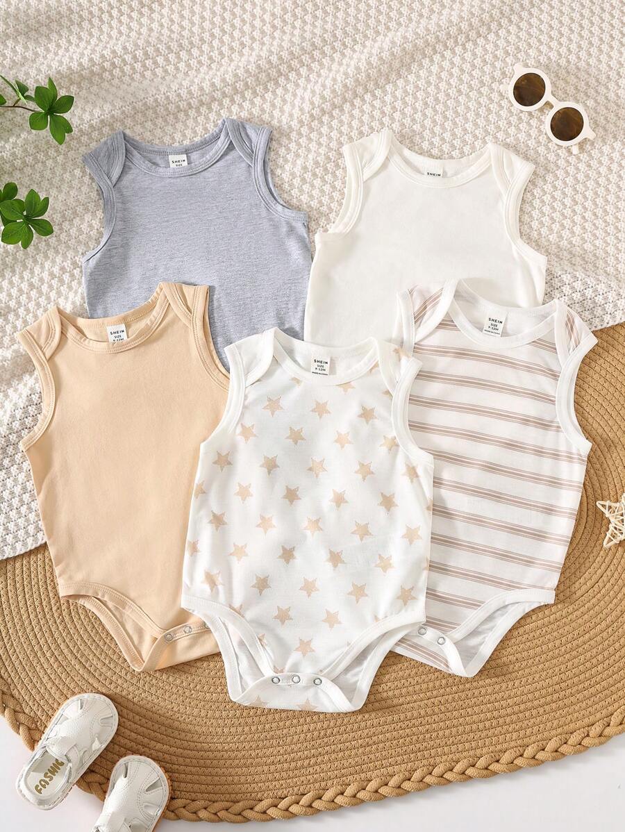 5pcs/Set Newborn Baby Boy Casual Versatile Knitted Soft Polka Dot & Stripe Pattern Vest Sets - Multicolor - View 1