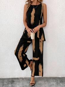 SHEIN Clasi 2pcs Sleeveless Blouse & Pants Set, Women Brush Print