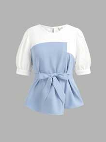 SHEIN Girlism Teen Girls Blue And White Waist Ruffled Short-Sleeved Shirt & Long Casual Wide-Leg Pants, Elegant Commuting Retro Elegant Versatile Suit, Suitable For Daily Wear
