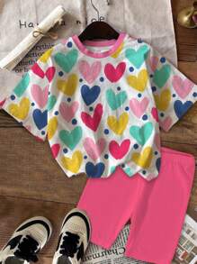 SHEIN Leap Crew 2pcs/Set Colorful Heart Print Casual Tween Girls Short Sleeve T-Shirt And Shorts Set, Suitable For Summer - Multicolor - View 2