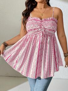 SHEIN Clasi Plus Size Ruffle Collar Gathered Folds A-Line Varied Color Vacation & Casual Camisole - Multicolor - View 4