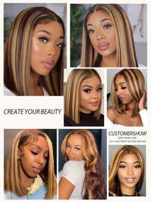 13x4 高光 4/27 渐变色蕾丝前假发 10-12 英寸短波波头真人发假发 13x4 渐变色波波头女士假发