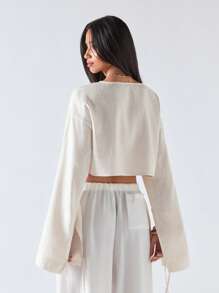 LYSMO Áo sơ mi nữ hở vai, thắt nơ phía trước, tay xẻ, hàng mới về mùa hè 2025 - Màu be - Xem 2