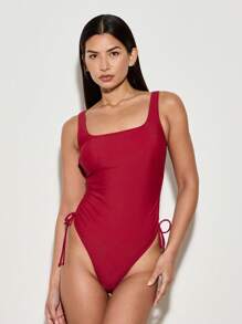 AiiRZ High-Cut One Piece Swimsuit With Ruched Side Detail Adjustable Drawstring Athletic Performance Bathing Suit Professional Swimming Training Beachwear Pool Competition - Red - View 2