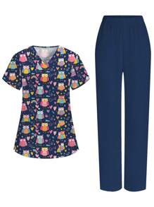 PopScrub Conjunto de uniforme de enfermera de dibujos animados, pijama de manga corta para mujeres - Azul - Ver 3