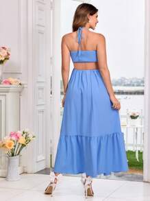 SHEIN Váy xòe hở lưng không tay buộc cổ cho phụ nữ mang thai - Màu xanh lam - Xem 2