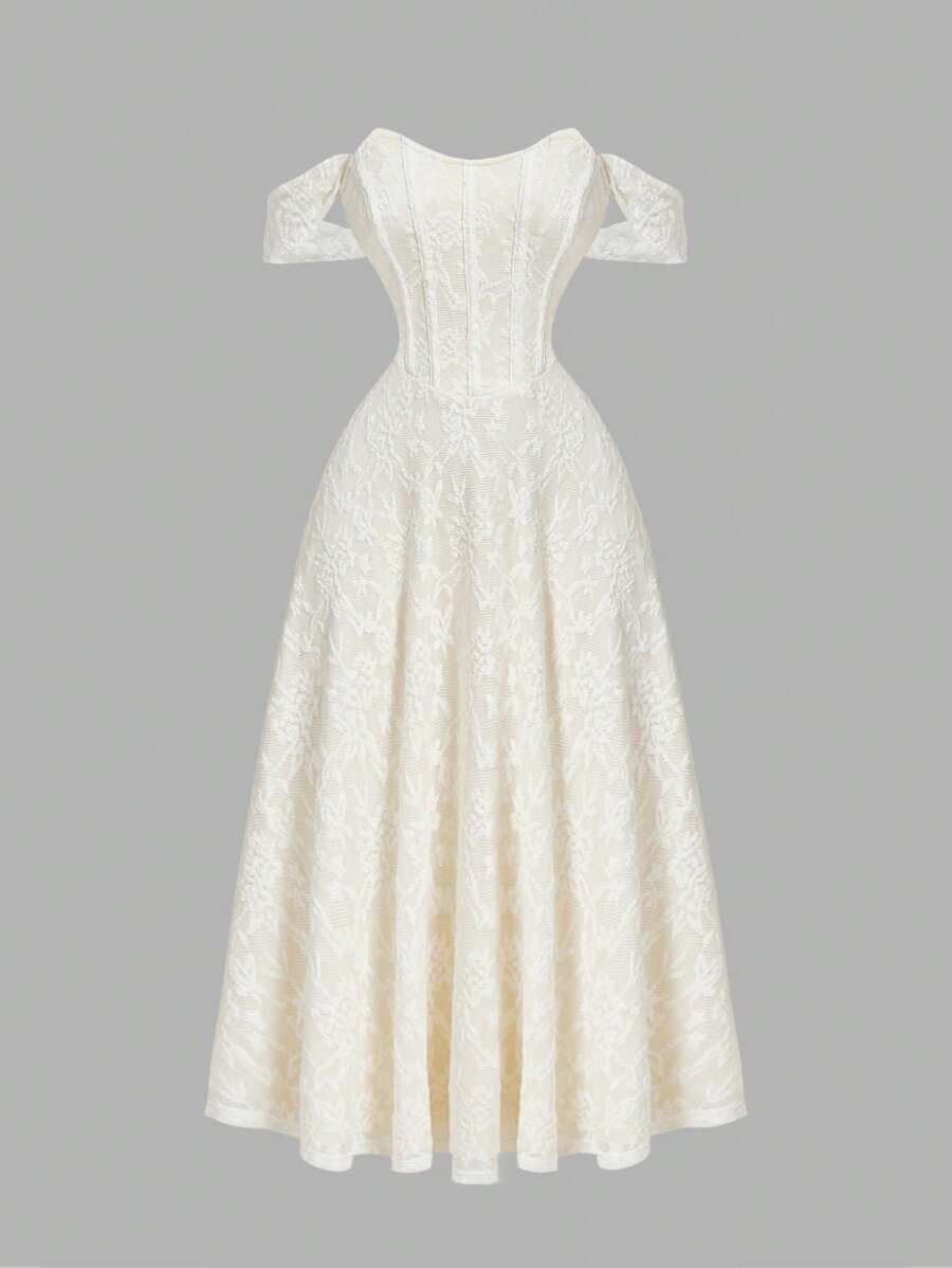 SHEIN MOD Apricot Lace Off Shoulder Bustier Long Dress,White,Summer,Elegant,Civil Wedding Bride,Wedding Guest,Tea Party,Modest,Prom,Formal,Graduation Outfits - Apricot - View 1