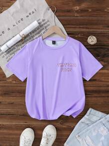 SHEIN Tween Girl Spring/Summer T-Shirt, Short Sleeve Loose Tee, Lavender Color, Cute Style, Casual & Comfortable, Minimalist Design, Funny Digital Printing "That's All Folks" On Front, Rabbit Graphic With Pockets And Expression On Back, Matching Family/Sister Wear