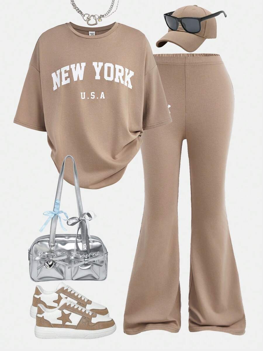 SHEIN Girlism 2pcs Set Tween Girls Casual Minimalist Letter Print Loose Short Sleeve T-Shirt And Flared Pants Graduation Outfit