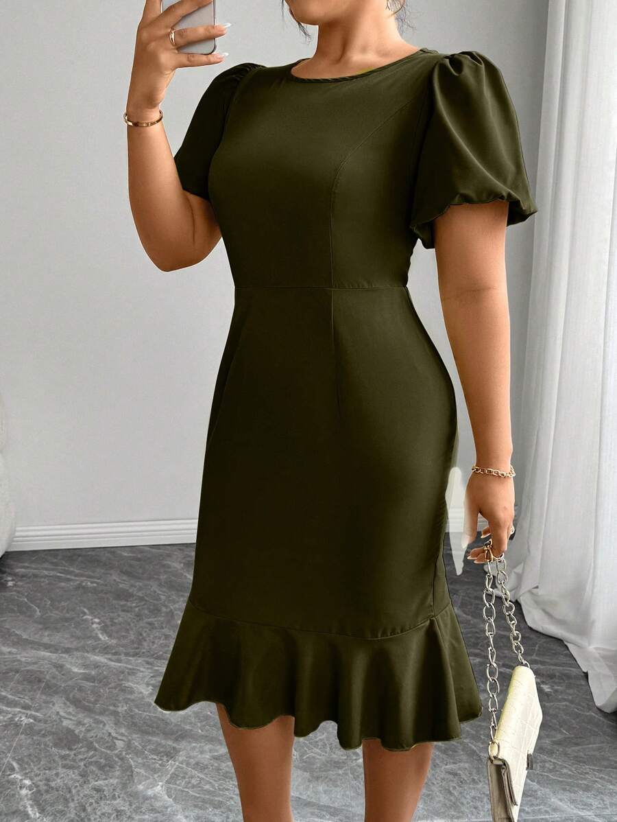 Elenzga Plus Size Elegant Solid Color Ruffle Puff Sleeve Dress, Spring/Summer