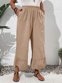 Plus Size Summer Countryside Solid Color Frill Hem Casual Daily Wear Pants - Camel - View 4