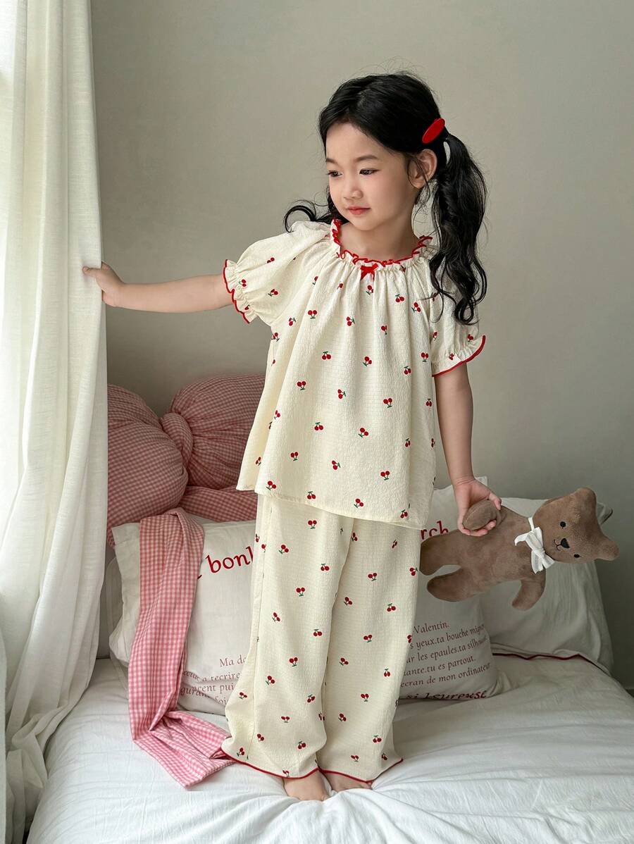 SHEIN Leap Crew Dozemod Young Girl 2 Pieces Set Cherry Pattern Ruffle Round Neck Short Sleeve Top And Loose Comfortable Woven Pants Pajama Set - Apricot - View 1