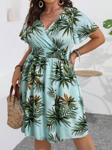 Flirla 大码女式热带植物印花荷叶边短袖连衣裙，夏季度假