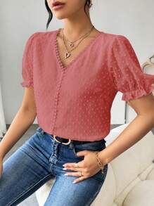 SHEIN Clasi Women's French Solid Color Swiss Dot Frill Detail V-Neck Puff Sleeve Blouse - Watermelon Pink - View 4