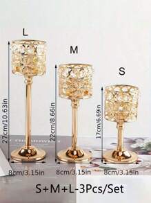 SHEIN 1PC Crystal Candle Holder In 3 Sizes. Wedding Table Center Piece With Tea Lamp Candle Holder, Candlelight Dinner, Dining Table Decoration, Fireplace Candle Holder With Tea Lamp Candle Holder, Home Living Room Decoration, Candle Holder,Gifts - Gold - View 2