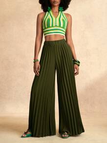 Zivah Elegant Elastic Waist Dark Green Pleated Large-Footed Extra-Long Wide-Leg Pants For Women Pleated Pantsshein Tall Pantsgreen Pantsflare Pants For Women,Business Casual Woman - Army Green - View 5