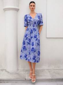 GENKIRA French Retro Tea Break Printed Elegant Shirred Button Front Cinched Waist Fitted Lantern Sleeve Midi Dress For Women Boho Vacation Fashionable Style All Over Print For Summer Spring Fall Autumn - Multicolor - View 5