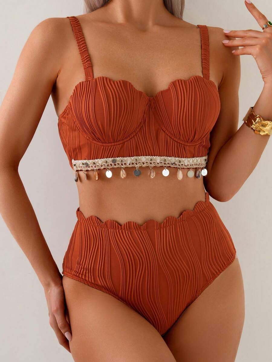 SHEIN Swim Women's Solid Color Strap Swimwear, High-Waisted Bikini Set For Summer Beach Vacation - White - View 1