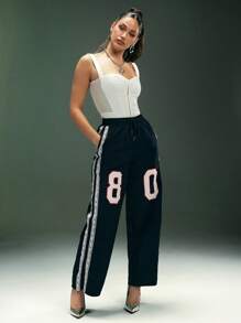 Denimoi Athletic Logo Lace Trim Pants - Black - View 2
