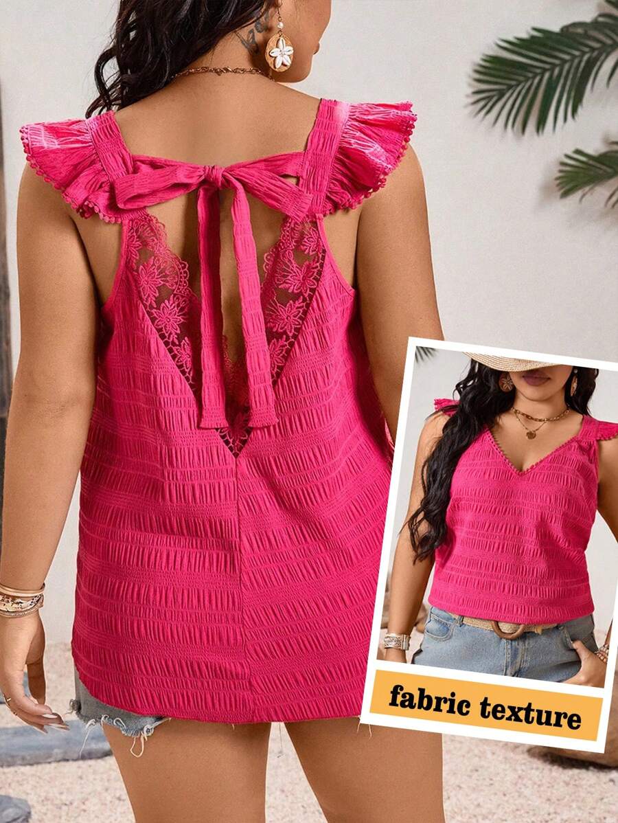 SHEIN Clasi Plus Size Pleated Textured Tie-Front V-Neck Ruffle Trim Cutout Back Summer Vacation Blouse - Hot Pink - View 1