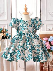 Young Girls Floral Jacquard Cap Sleeve Cute A-Line Dress For Holiday