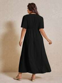 Elaquor 大码休闲优雅度假 V 领收腰 A 字形连衣裙 - 黑色 - 查看 5