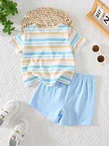 SHEIN 2 件套男婴/女婴休闲可爱图案超大圆领针织上衣和短裤套装，适合春夏季室内外穿着 - 藍色 - 查看 2