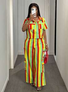 Slaydiva Tuta casual attillata a righe gialle e verdi con camicia e pantaloni, adatta per primavera ed estate - B
