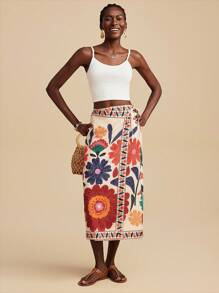 Travachic 梭织印花休闲简约时尚女士半身裙，适合夏季、女士夏季、沙滩装、复活节、女士海滩、春假、度假女士、音乐会女士、波西米亚风、音乐节、热带度假女士度假裙 - 杏色 - 查看 3