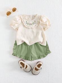 Cozy Pixies 2 件装女婴花卉印花圆领短款泡泡袖荷叶边下摆套头衫和腰部弹力短裤套装
