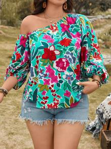 SHEIN LUNE Blusa asimétrica de manga farol con estampado floral vívido, talla grande, para uso casual, concierto country, graduación, brunch de verano, Día de la Madre, iglesia - Multicolor - Ver 7