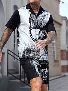 Manfinity Roghcode 2pcs Men's Printed Short Sleeve Single-Breasted Shirt And Shorts Set - Black - View 2
