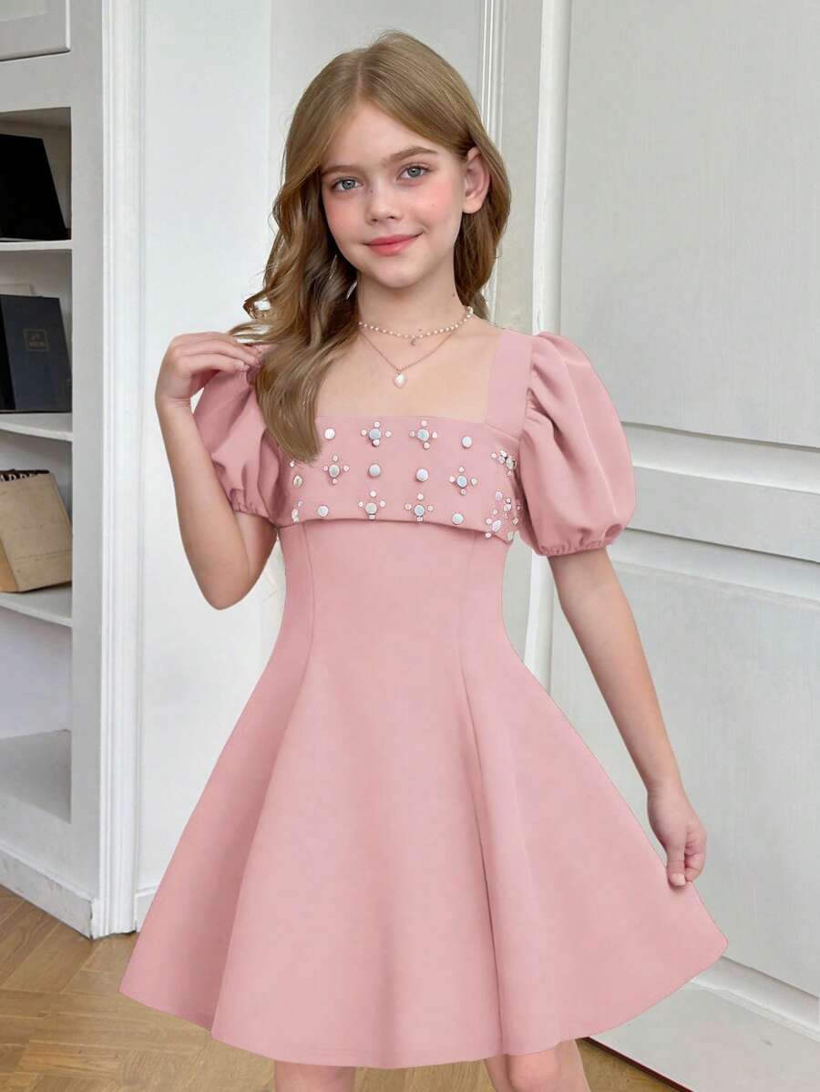 SHEIN Leap Crew Tween Girl 甜美泡泡袖圆领串珠 A 字形连衣裙 - 藕粉色 - 查看 1