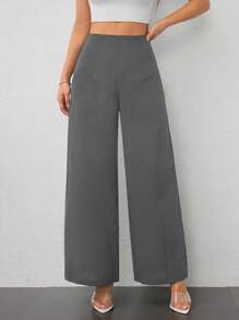 SHEIN PETITE Pantaloni a vita alta texture ampi casual di moda semplici da donna, adatti per la stagione back-to-school e per l'ufficio