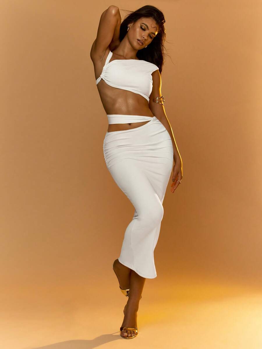 MISSGUIDED 音乐节不对称短款上衣和镂空紧身长裙两件套 - 杏色 - 查看 1