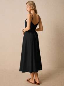 Poéselle 女士无袖纯色中长连衣裙，夏季简约时尚 - 黑色 - 查看 3