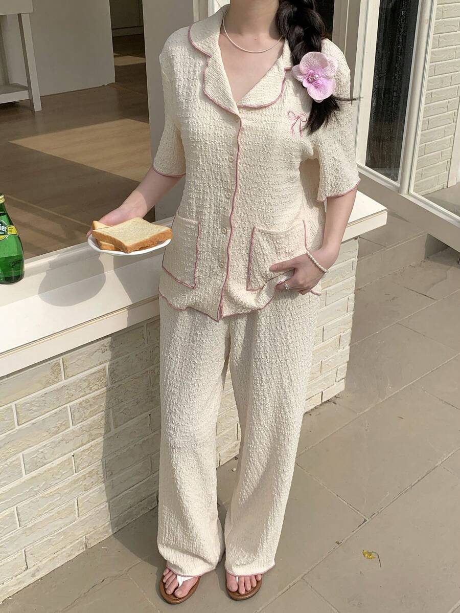 SHEIN 2 件装少女简约蝴蝶结领纽扣贴袋短袖上衣和阔腿针织提花睡衣套装 - 黃色 - 查看 1