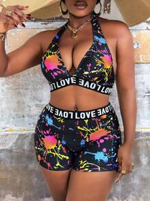 SHEIN Slayr CURVE Plus Size Dames 2-delige badmode, kleurrijke willekeurige letterprint, gewatteerde busteondersteuning, diepe V-top en hoge taille slip, strandvakantie bikini