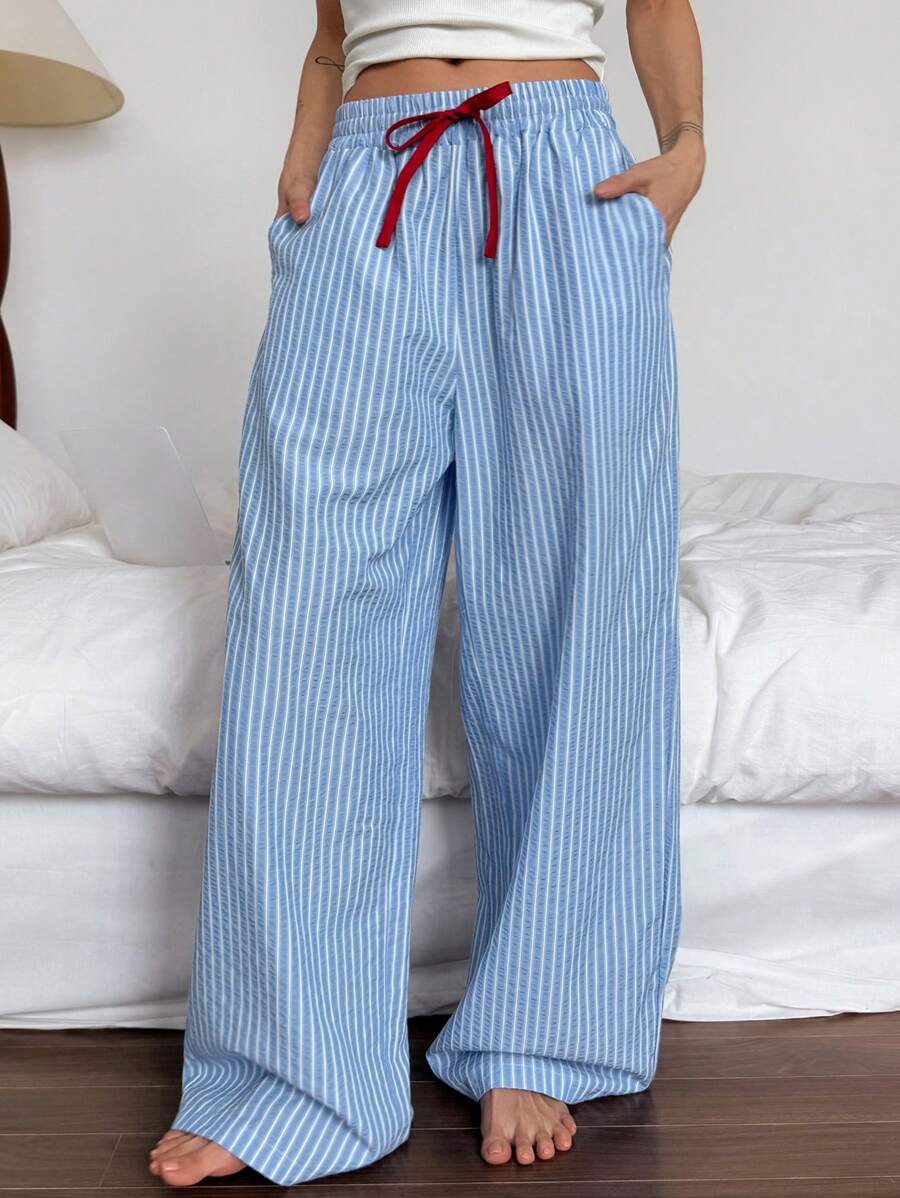 DAZY Striped Loose Drawstring Waist Pajama Cozy Pants, Fall - Blue - View 1