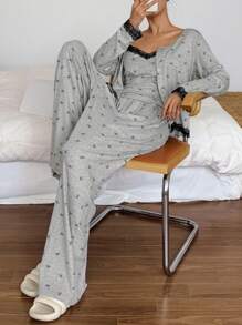 DAZY 3pcs/Set Spring Bow Allover Print Color Block Lace Patchwork Camisole Top & Pants Pajama Sleepwear Set - Grey - View 4