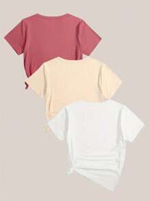 Set de 3 camisetas casuales de manga corta con cuello redondo y estampado de corazón para mujeres - Caqui - Ver 2