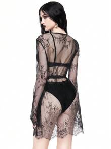 ROMWE Goth 女士蕾丝长袖和服罩衫，简约时尚，适合夏季、万圣节