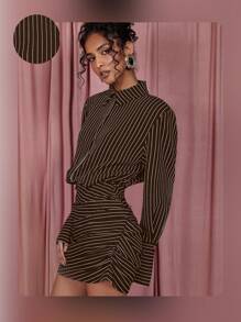 SHEIN X ELOISA & ORSON COSMINA Vestido camisa casual de manga larga con botones, pliegues y rayas para mujer