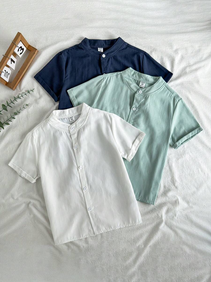 SHEIN 3 件套青少年男孩夏季立领时尚百搭休闲纽扣衬衫,适合居家、休闲、户外活动、与朋友聚会,提供舒适轻松的外观,简单的设计让您保持舒适,多种颜色可选 - 彩色 - 查看 1