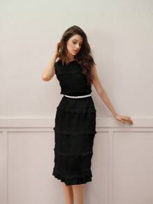 MOTF PREMIUM VESTIDO CON FALDA ACAMPANADA DE VOLANTES - Negro - Ver 4