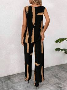 SHEIN Clasi 2pcs Sleeveless Blouse & Pants Set, Women Brush Print