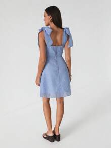 Roylia Women's Blue Short V-Neck Tied Mesh Fitted Knit Casual Vacation Dress, Fashionable - Blue - View 2