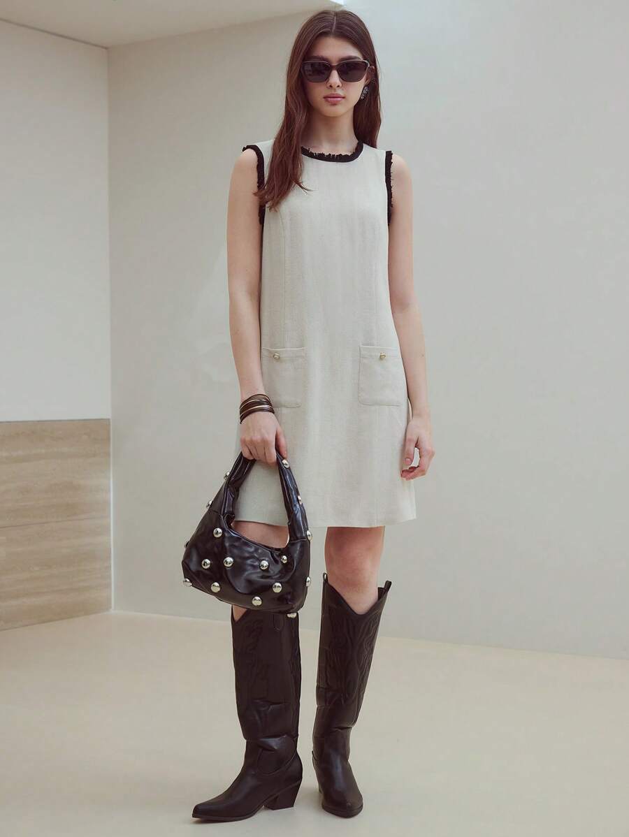 MOTF STUDIO 撞色镶边口袋连衣裙 - 杏色 - 查看 1