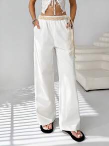 SHEIN EZwear Women's Summer Casual, White Holiday Casual Retro Western, Braided Belt, Loose Casual Trousers, Free Belt