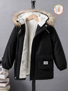 SHEIN Tween Boy 1pc Patch Detail Fuzzy Trim Hooded Thermal Lined Padded Coat - Black - View 1